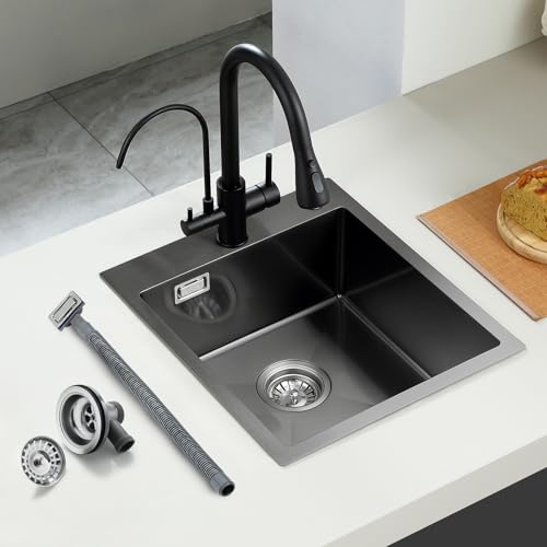 ROVOGO 50 x 43 cm Spülbecken Küche mit Siebkorbventil und Überlaufgarnitur, Küchenspüle mit Löchern für Armatur und Seifenspender, 1 Becken Spüle Edelstahl Einbauspüle Schwarz von ROVOGO