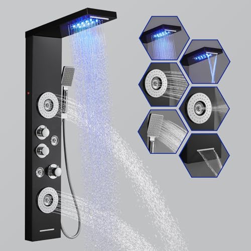 ROVOGO Duschpaneel mit Thermostat LED, 5-Funktion (Regendusche, Wasserfall, Massagedusche, Handbrause und Badewanneneinlauf), 304 Edelstahl Duschsäulen mit Armatur und LED Beleuchtet, Schwarz von ROVOGO