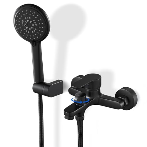 ROVOGO Schwarze Badewannenarmatur mit 5-Funktionen Handbrause, Aufgerüstet Messing Drehbare Umsteller, Einhand Wannenarmatur, Badewanne armatur mit Brausehalter und 150 cm Schlauch für Wandmontage ROVOGO Schwarze Badewannenarmatur mit 5-Funktionen Handbrause, Aufgerüstet Messing Drehbare Umsteller, Einhand Wannenarmatur, Badewanne armatur mit Brausehalter und 150 cm Schlauch für Wandmontage von ROVOGO