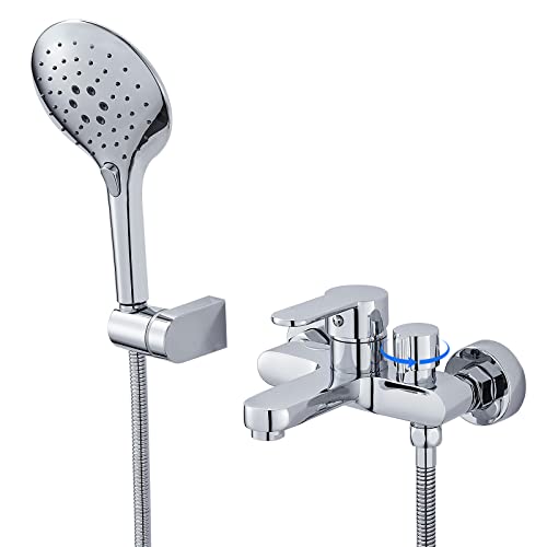 ROVOGO Badewannenarmatur mit 3-Funktionen Handbrause, Einhebel Wannenarmatur, Aufgerüstet Messing Drehbare Umstellung, Badewanne armatur mit Brausehalter und 150 cm Schlauch für Bad Dusche, Chrom von ROVOGO