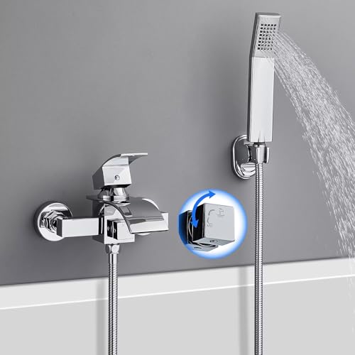 ROVOGO Badewannenarmatur Wasserfall mit Handbrause, Aufputz Einhandmischer Wannenarmatur mit Messing Drehbare Umstellung, Badewanne armatur mit Brausehalter und 150cm Schlauch für Bad Dusche, Chrom von ROVOGO