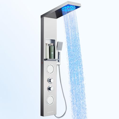 ROVOGO Duschpaneel mit Ablage und Armatur, 5 Funktionen Duschsäule mit LED: Nebel- und Regen Duschkopf, 2 Massagedusche, 3-Modus Handbrause, Wasserfall Wanneneinlauf, Duschpaneele Edelstahl Gebürstet von ROVOGO