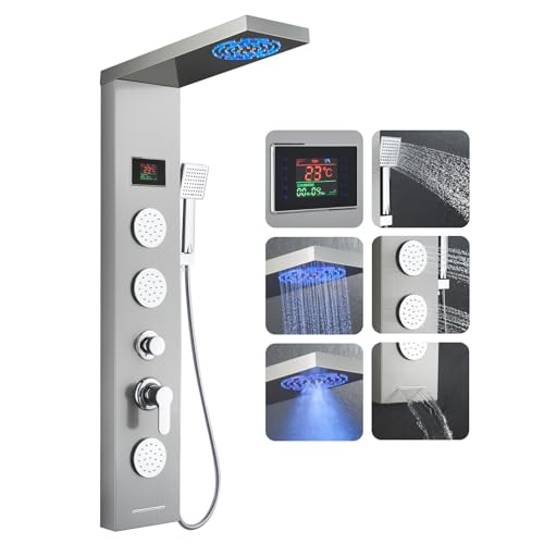 ROVOGO Duschpaneel mit Armatur und LED Temp-Anzeige, 6-Funktion Duschsäule ohne Batterie - LED Regen-/Nebelduschkopf, 3 Runde Massagedüsen, Handbrause, Wanneneinlauf, Edelstahl Gebürstet, Wandmontage von ROVOGO