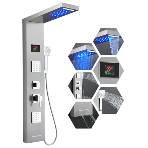 ROVOGO Duschpaneel mit Armatur und LED Temp-Anzeige, 6-Funktion Duschsäule ohne Batterie - LED Regen-/Wasserfallkopf, 2 Eckige Massagedüsen, Handbrause, Wanneneinlauf, Edelstahl Gebürstet, Wandmontage von ROVOGO