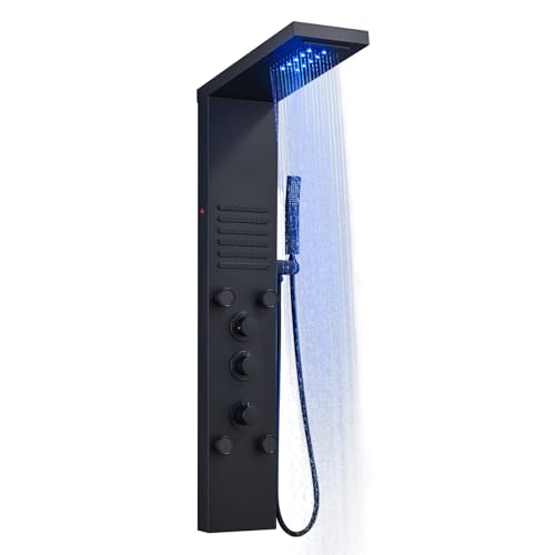 ROVOGO Komplett Schwarz LED Duschpaneel mit Thermostat, 5 Funktionen Duschsäule Regenfall Wasserfall Duschkopf, 2 Strahlarten Massagedüsen, Handbrause, Wanneneinlauf, Edelstahl Duschpaneel mit Armatur ROVOGO Komplett Schwarz LED Duschpaneel mit Thermostat, 5 Funktionen Duschsäule Regenfall Wasserfall Duschkopf, 2 Strahlarten Massagedüsen, Handbrause, Wanneneinlauf, Edelstahl Duschpaneel mit Armatur von ROVOGO