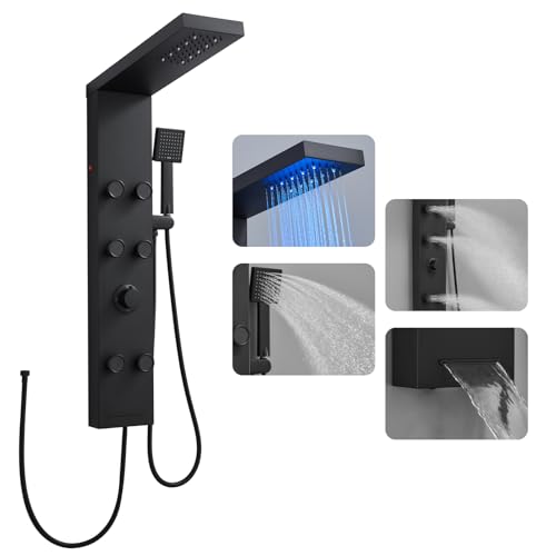 ROVOGO Komplett Schwarze Duschpaneel ohne Armatur, Duschpaneele mit LED, 4 Funktionen - Regendusche, 6 x Massagedüsen, Handbrause und Wasserfall Wanneneinlauf für Bad, Wandmontage Duschsäule Edelstahl von ROVOGO