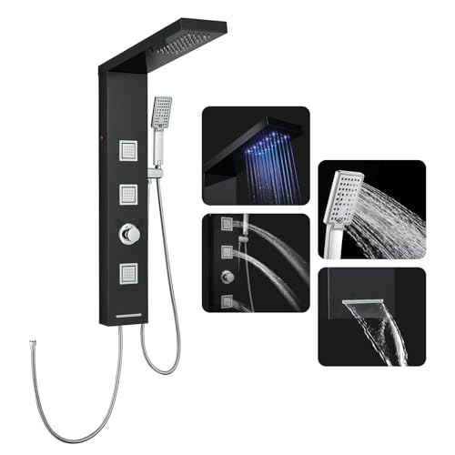 ROVOGO LED Duschpaneel ohne Armatur, 4 Funktionen Duschpaneel mit Regendusche, Massagedüsen, Handbrause und Wanneneinlauf, Schmal Duschsäule Edelstahl, Schwarz von ROVOGO