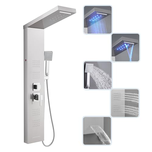 ROVOGO LED Duschpaneel mit Armatur, 5 Funktionen Duschsäule mit Einhebelmischer, Wasserfall, Regendusche, Massagedusche, Wanneneinlauf und Handbrause, Duschpaneele Komplett aus Edelstahl Gebürstet von ROVOGO