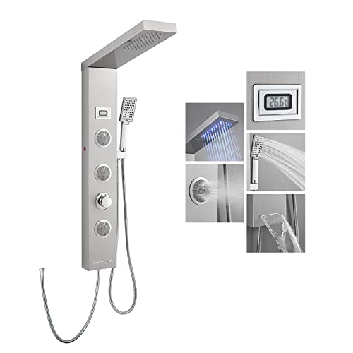 ROVOGO LED Duschpaneel ohne Armatur, 5 Funktionen Duschpaneel mit Regendusche, Massagedüsen, Handbrause, Wanneneinlauf und Temperaturanzeige, Schmal Duschsäule Edelstahl, Gebürstet von ROVOGO