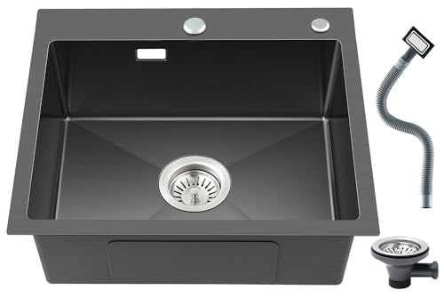 ROVOGO Spülbecken Schwarz 45 x 55 cm, Spüle Küche Edelstahl mit Löchern für Armatur und Seifenspender, Einbauspüle mit Siebkorbventil und Überlaufgarnitur, Handgefertigte Küchenspüle 1 Becken von ROVOGO