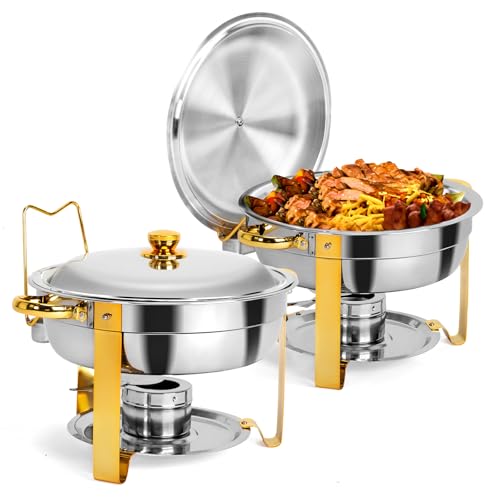ROVSUN 5 Qt 2 Packed Full Size Edelstahl Chafing Dish Buffet Set, Silber Round Catering Warmer Set mit Speisen und Wasserschalen, Spiegelabdeckung, Dicker Ständer Rahmen für Küche Party Bankett von ROVSUN