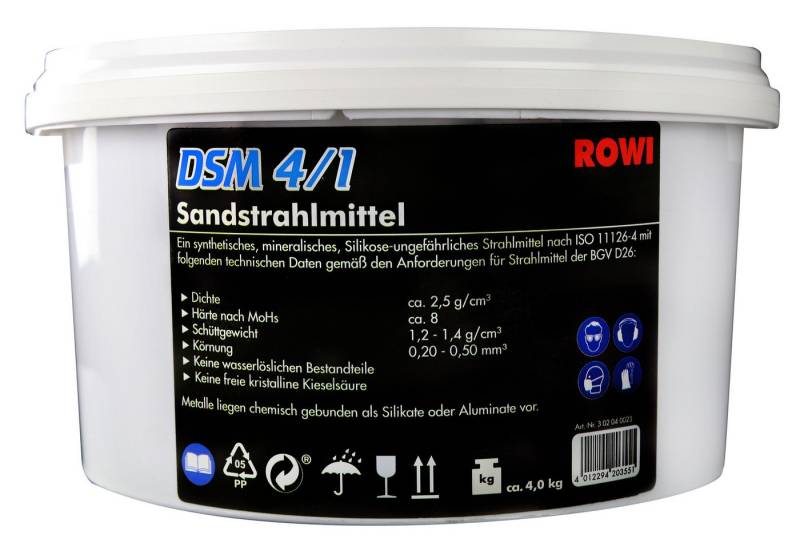 ROWI Sand Sandstrahlmittel 4 kg, Körnung 0,20 - 0,50 - DSM 4/1, Ungefährlich in Bezug auf eine mögliche Silikose-Erkrankung. von ROWI