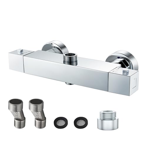 ROWINNAO Duscharmatur Mit Thermostat Duschthermostat Messing Mischbatterie Dusche mit 2 Auslässen, Oben 3/4"BSP(26.4 mm) + Unten 1/2"BSP(21 mm), Eckig Brausearmatur mit 38 °C Sicherheitstaste von ROWINNAO