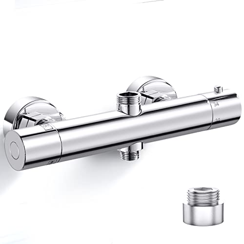 ROWINNAO Duscharmatur Mit Thermostat Runden Duschthermostat Messing Mischbatterie für Dusche mit 2 Auslässen, Oben 3/4"BSP(26.4 mm) + Unten 1/2"BSP(21 mm), Brausearmatur mit 38 °C Sicherheitstaste von ROWINNAO