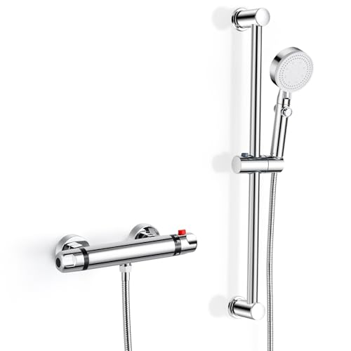 ROWINNAO Duscharmatur mit Thermostat mit Brausegarnitur, Thermostat-Brausebatterie mit Duschstangen-Set, Thermostat Mischbatterie Dusche | 635mm Duschstange | Duschbrause mit 1.5m Schlauch von ROWINNAO