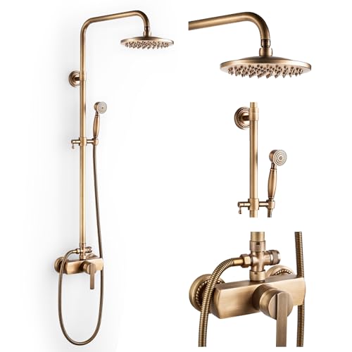 ROWINNAO Duschsystem Antikes Messing Duscharmatur Set Gold Retro Duschset mit Armatur, Vintage Duscharmatur Komplettset mit 8" Regendusche, Handbrause Kopf, Höhenverstellbar 70~120cm von ROWINNAO