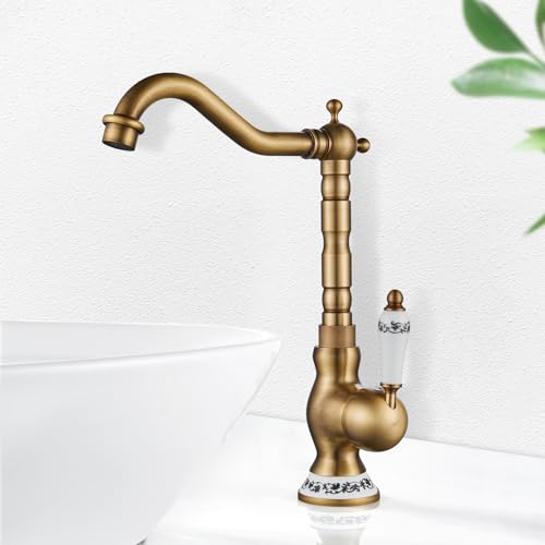 ROWINNAO Wasserhahn Bad Hoch Antikes Messing, Retro Waschtischarmatur 360° Drehbarer, Einhebel Mischbatterie Badarmatur Gold Waschbecken Badezimmer mit Auslauf Höhe 253mm, Kaltes und Heißes von ROWINNAO