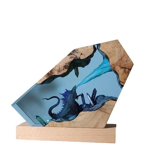 ROXIIFEE Künstlerische Harzlampe mit Feuerspuckende Godzilla, Mikro-Landschaftsdesign mit LED, dekoratives Tischlicht, handgefertigte Dekoration aus Holz und Harz (15 x 19 x 4 cm) von ROXIIFEE