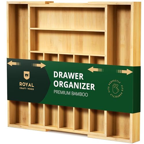 Luxuriöser Bambus-Küchen-Schubladen-Organizer – Besteck-Organizer – Utensilienhalter und Besteckkasten mit gerillten Schubladenteilern für Besteck und Küchenutensilien (9 Fächer, natur) von ROYAL CRAFT WOOD