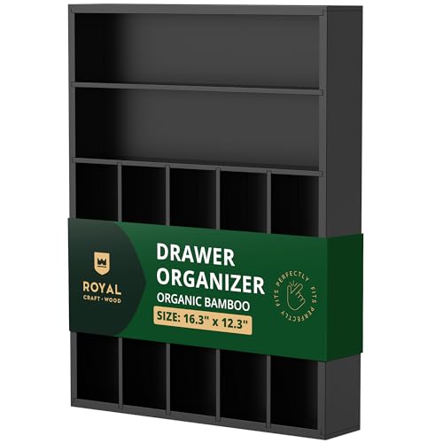 ROYAL CRAFT WOOD Bambus-Küchenschubladen-Organizer – Besteckkasten zum Organisieren und Besteck mit gerillten Schubladen-Trennwänden für Besteck und Küchenutensilien (7 Fächer, schwarz) von ROYAL CRAFT WOOD