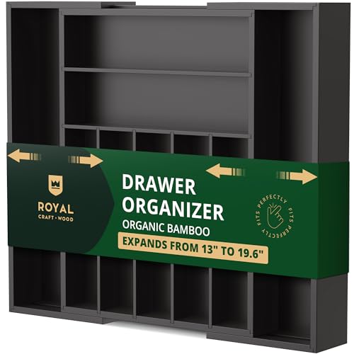 ROYAL CRAFT WOOD Luxuriöser Schubladen-Organizer aus Bambus – Besteck-Organizer – Utensilienhalter und Besteckkasten mit gerillten Schubladenteilern für Besteck und Küchenutensilien (schwarz) von ROYAL CRAFT WOOD