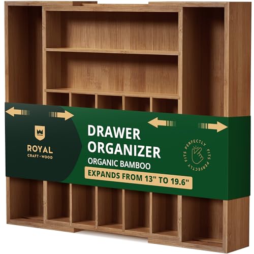 ROYAL CRAFT WOOD Luxus-Küchenschubladen-Organizer aus Bambus, erweiterbarer Besteck-Organizer/Utensilienhalter und Besteckkasten mit gerillten Schubladeneinteilern für Besteck und Küchenutensilien, von ROYAL CRAFT WOOD