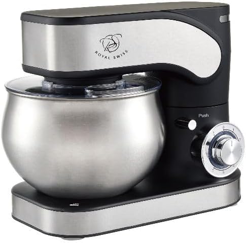 Royal Swiss Küchenmaschine mit 1300 W – große Schüssel aus Stahl 5 l – 6 Geschwindigkeitsstufen + Pulsfunktion – 4 rutschfeste Saugnäpfe – Deckel der Schüssel aus Kunststoff – Pfannenwender im von ROYAL SWISS