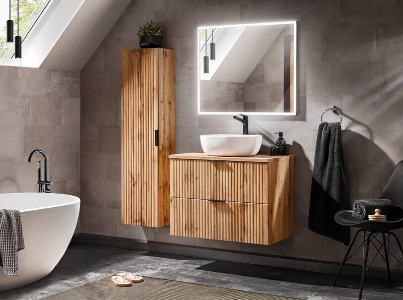 ROYAL24_MARKT Badmöbel-Set - Adel Oak A BM61 - Aufsatzbecken, Hochschrank & LED-Spiegel, (Komplett Set, 5-St., Premium - Adel Oak A), Modern – Fein – Exzellent. von ROYAL24_MARKT