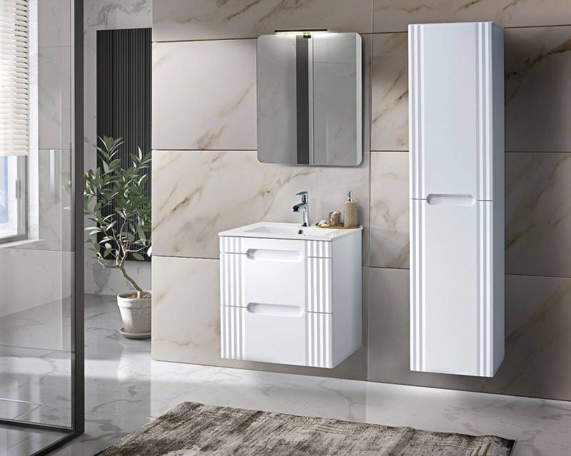 ROYAL24_MARKT Badmöbel-Set - Fiji White F - mit Waschbecken, Hochschrank & Spiegel, (Komplett Set, 6-St., Premium - Fiji White F), Premium – Luxuriös – Elegant. von ROYAL24_MARKT
