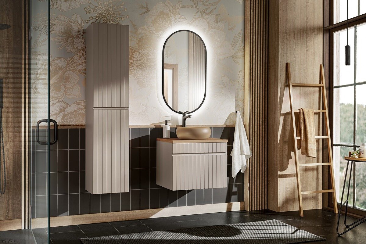 ROYAL24_MARKT Badmöbel-Set - Iconic Cashmere I -mit Aufsatzbecken, Hochschrank & LED-Spiegel, (Komplett Set, 5-St., Premium - Iconic Cashmere I), Modern – Fein – Exzellent. von ROYAL24_MARKT
