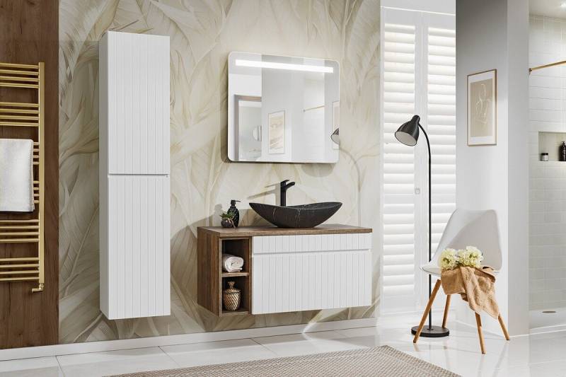 ROYAL24_MARKT Badmöbel-Set - Iconic White I - mit Aufsatzbecken, Hochschrank & LED-Spiegel, (Komplett Set, 6-St., Premium - Iconic White I), Top – Zeitlos – Exklusiv. von ROYAL24_MARKT