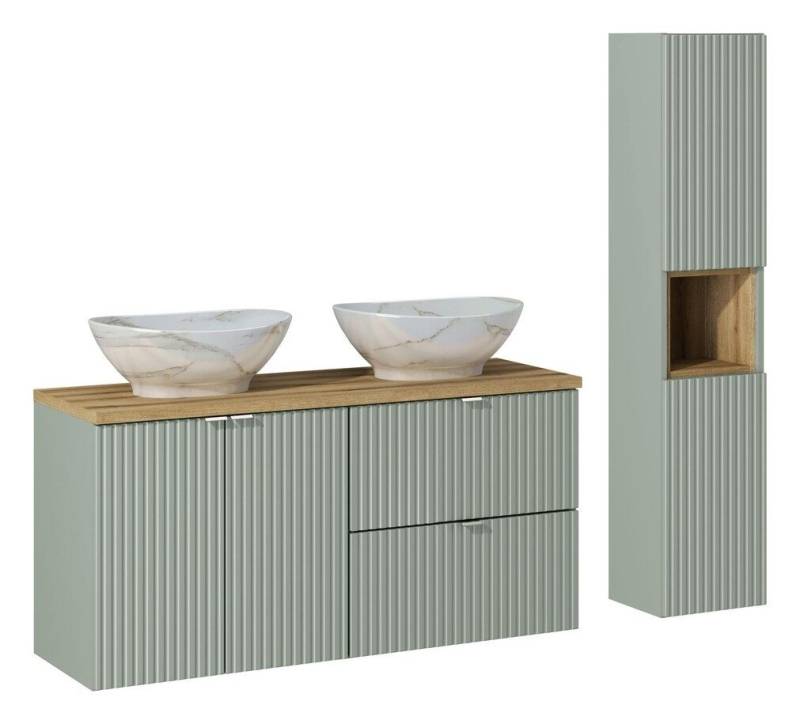 ROYAL24_MARKT Badmöbel-Set - Line Reed Green L BM71 - Hochschrank & 2 Waschbecken & Unterschrank, (Komplett Set, 7-St., Premium - Line Reed Green L), Edel – Schlicht – Hochwertig. von ROYAL24_MARKT