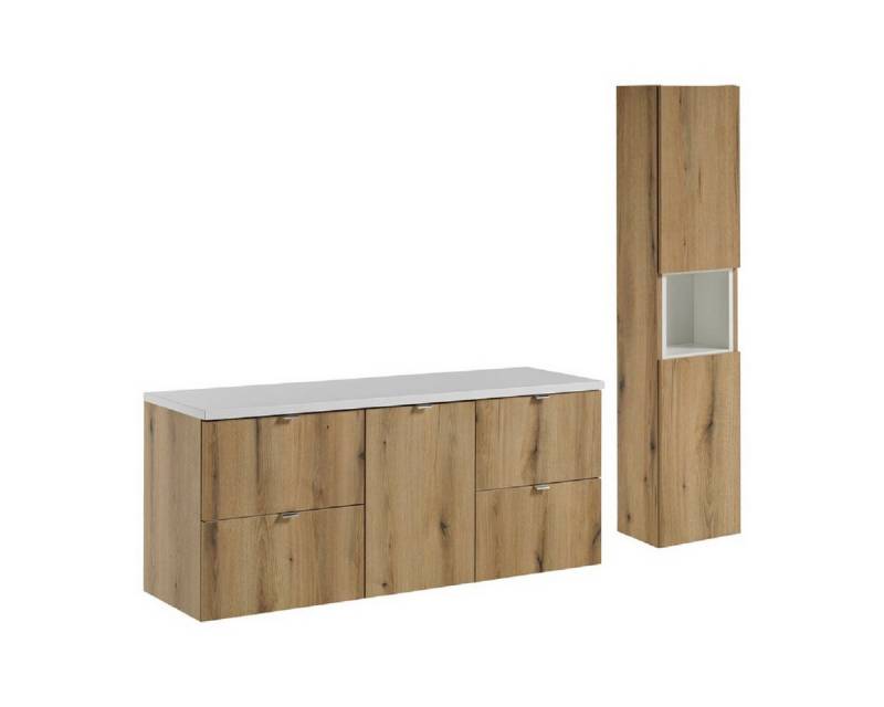 ROYAL24_MARKT Badmöbel-Set - Nova Oak N - Mit Wäschekorb & zwei Arbeitsflächenfarben (140 cm), (Komplett Set, 6-St., Premium - Nova Oak N), Modern – Fein – Exzellent von ROYAL24_MARKT