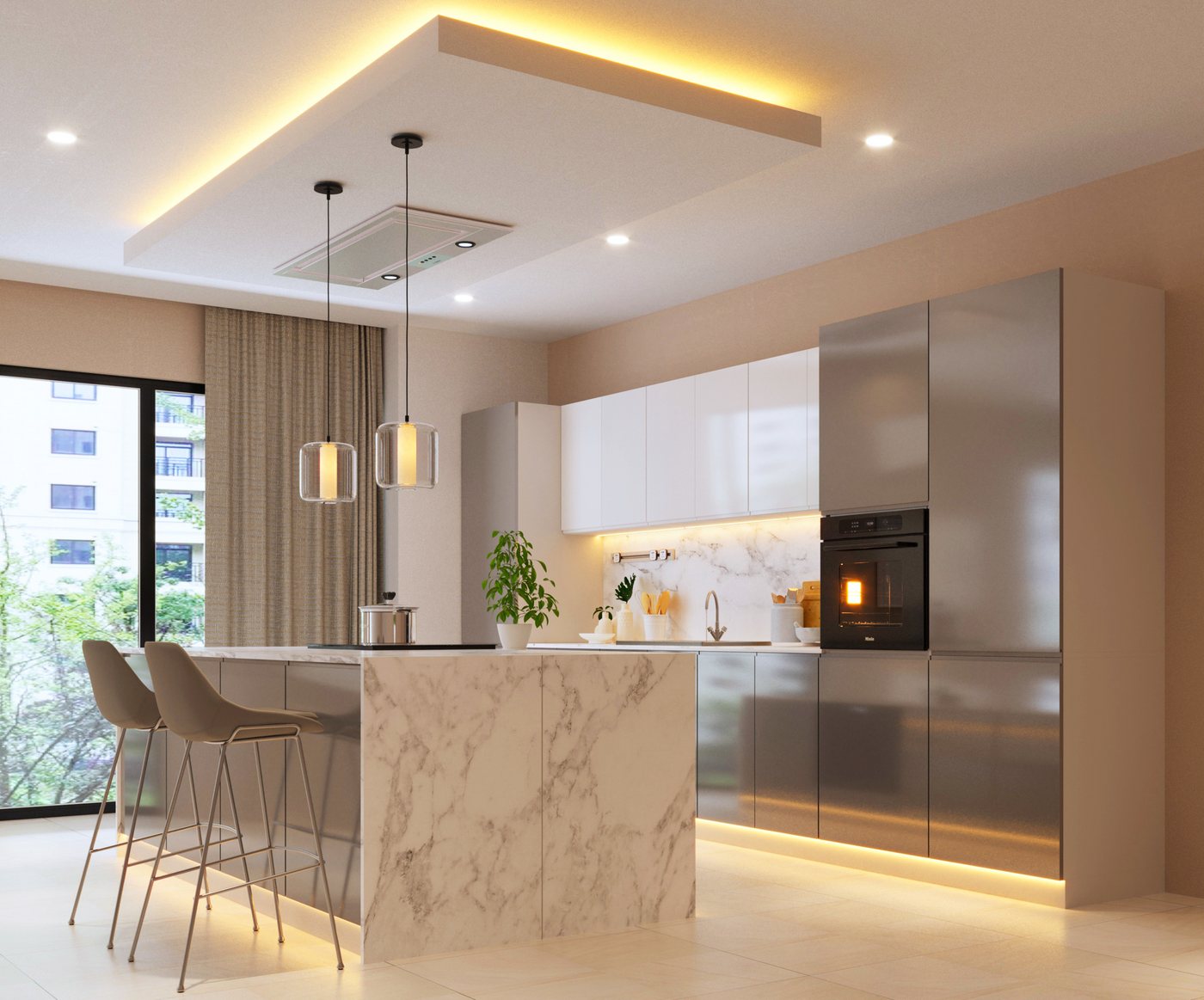 ROYAL24_MARKT Kücheninsel – KU-S13 – Aspen – Eleganz und Funktionalität in Hochglanz Weiß – Grau, (Komplett Set), Luxus – Edel – Zeitlos von ROYAL24_MARKT