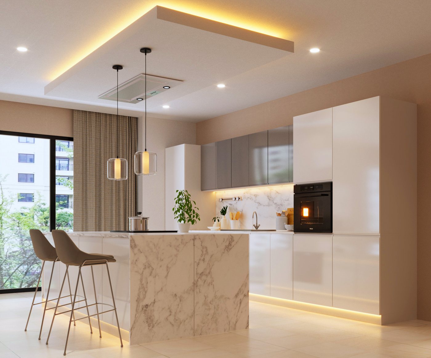 ROYAL24_MARKT Kücheninsel – KU-S13 – Aspen – Eleganz und Funktionalität in Hochglanz Weiß – Grau, (Komplett Set), Luxus – Edel – Zeitlos von ROYAL24_MARKT