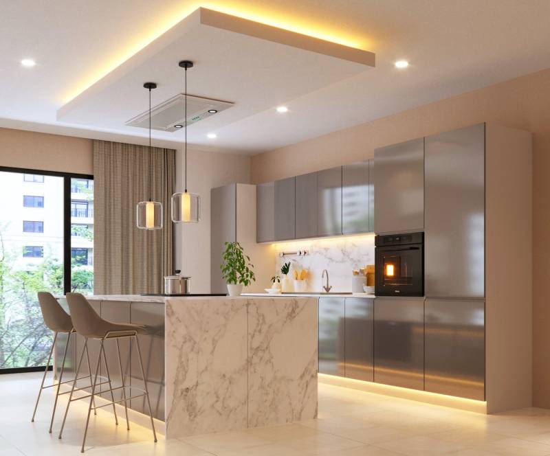 ROYAL24_MARKT Kücheninsel – KU-S13 – Aspen – Eleganz und Funktionalität in Hochglanz Weiß – Grau, (Komplett Set), Luxus – Edel – Zeitlos von ROYAL24_MARKT