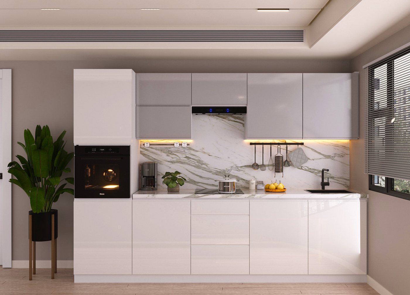 ROYAL24_MARKT Küchenzeile – KU-S01 – Aspen – Harmonische Kombination in Grau & Weiß Hochglanz, (Komplett Set), Luxus – Modern – Präzise von ROYAL24_MARKT