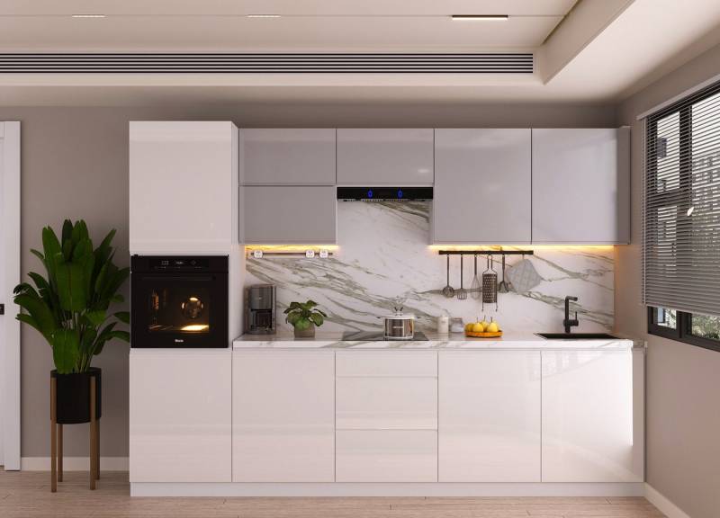 ROYAL24_MARKT Küchenzeile – KU-S01 – Aspen – Harmonische Kombination in Grau & Weiß Hochglanz, (Komplett Set), Luxus – Modern – Präzise von ROYAL24_MARKT