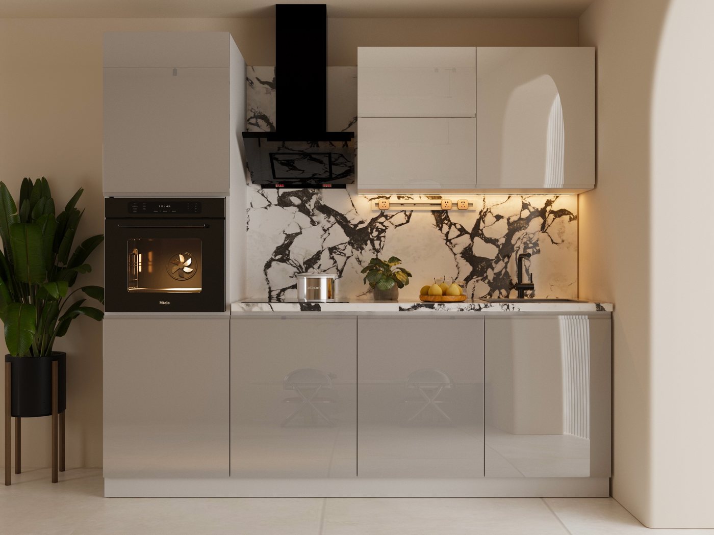 ROYAL24_MARKT Küchenzeile – KU-S04 – Aspen – Kompakte Eleganz in Hochglanz, (Komplett Set), Luxus – Modern – Präzise von ROYAL24_MARKT