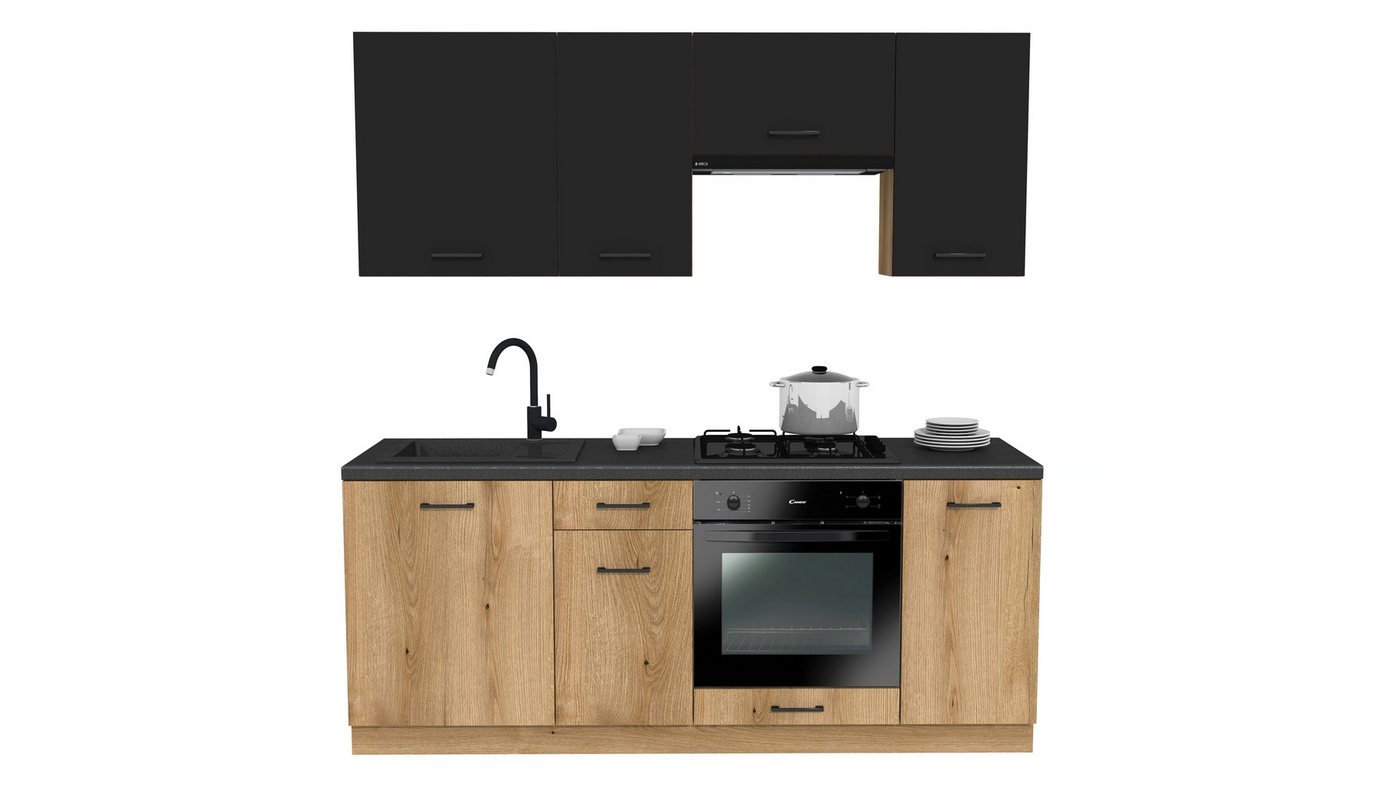 ROYAL24_MARKT Küchenzeile - SIMPLY Z4 200 cm - Eiche / Schwarz Matt, (Komplett Set), Edles Material - Zeitlos - Elegant von ROYAL24_MARKT