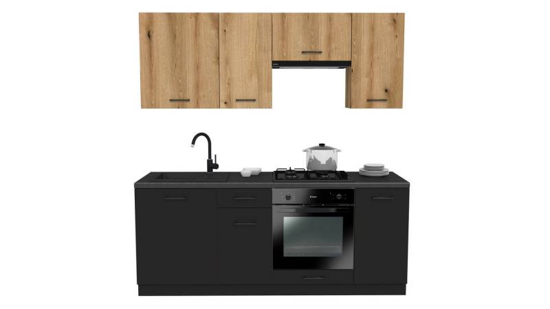ROYAL24_MARKT Küchenzeile - SIMPLY Z5 200 cm - Eiche / Schwarz Matt, (Komplett Set), Top Stoffe - Exklusiv - Hochwertig von ROYAL24_MARKT