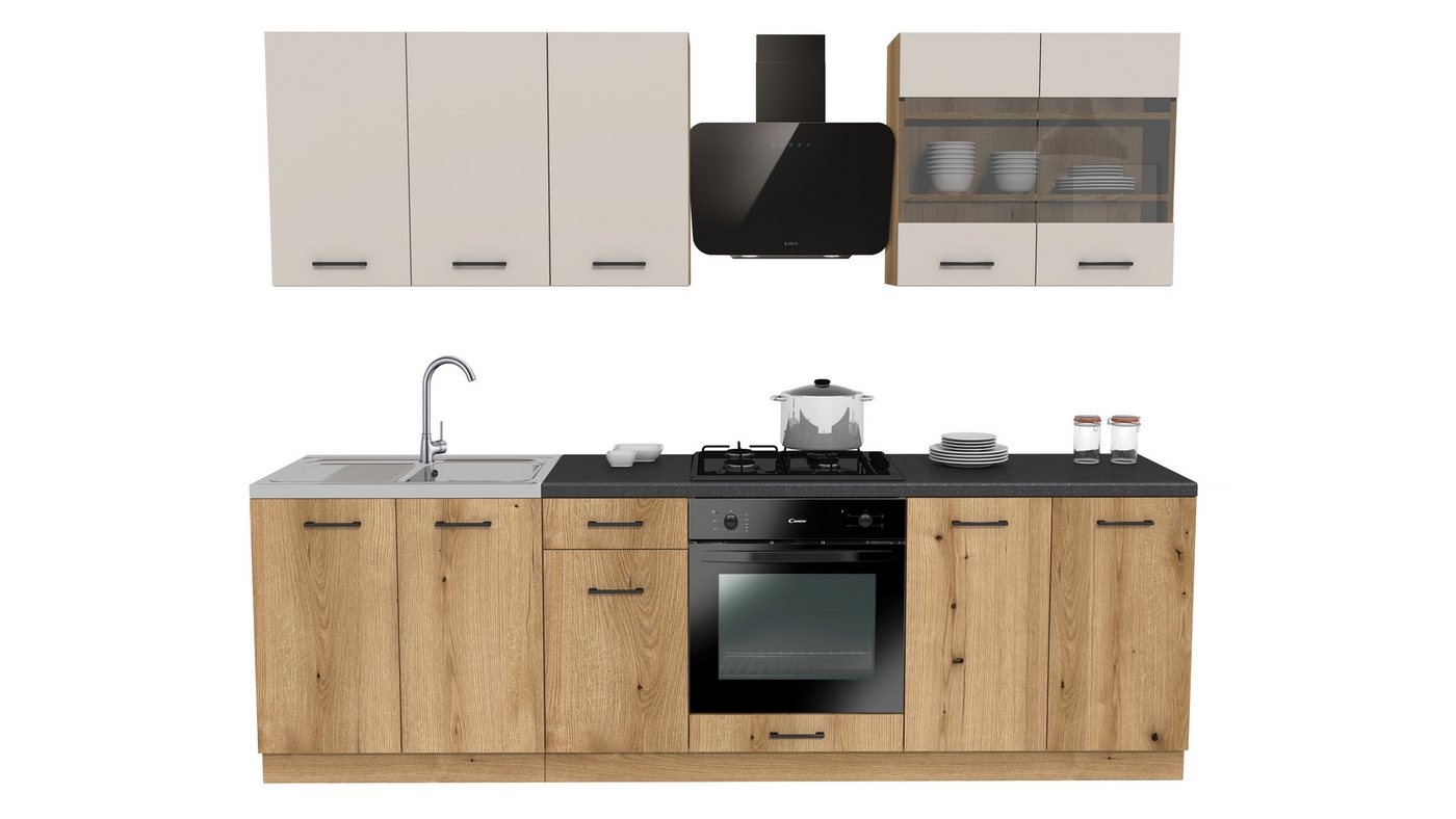 ROYAL24_MARKT Küchenzeile - SIMPLY Z7 260 cm - Kaschmir Matt / Eiche, (Komplett Set), Top Stoffe - Exklusiv - Hochwertig von ROYAL24_MARKT