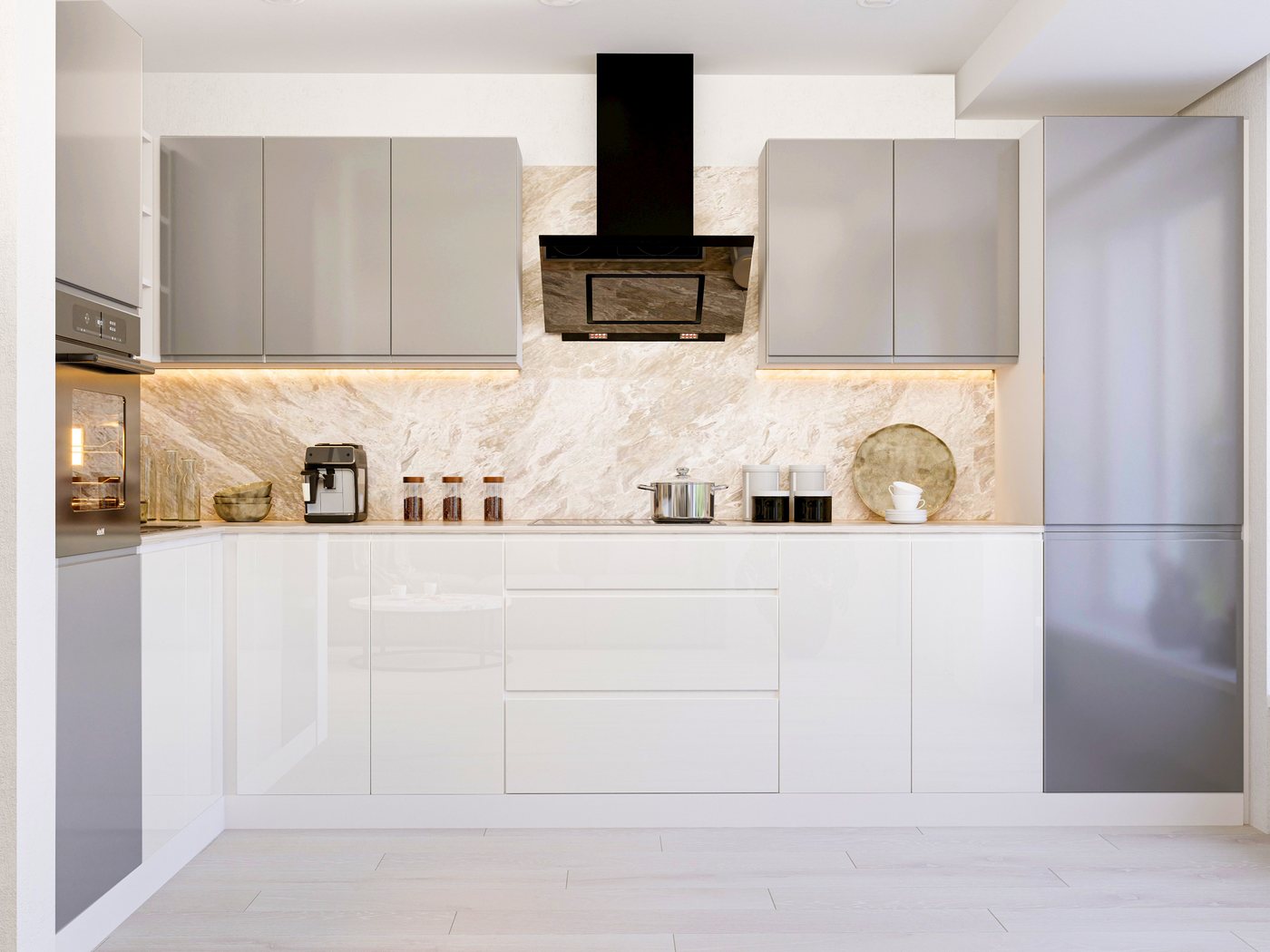 ROYAL24_MARKT Winkelküche – KU-S10 – Aspen – Perfekte Raumharmonie in Weiß & Grau Hochglanz, (Komplett Set), Stilvoll – Schick – Exzellent von ROYAL24_MARKT