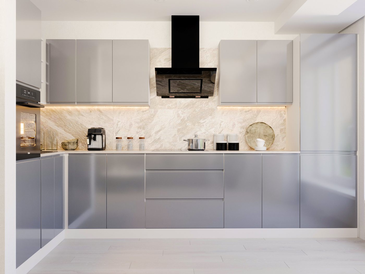 ROYAL24_MARKT Winkelküche – KU-S10 – Aspen – Perfekte Raumharmonie in Weiß & Grau Hochglanz, (Komplett Set), Stilvoll – Schick – Exzellent von ROYAL24_MARKT