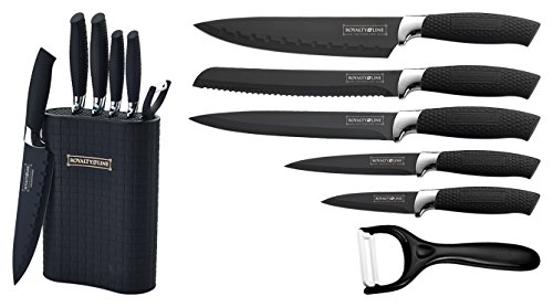 ROYALTY LINE, RL6MSTK, Set mit 5 Edelstahlmessern mit schwarzem Block, ergonomischer Keramikbeschichtung, inklusive Schäler, rosa Farbe, Standardgröße von ROYALTY LINE