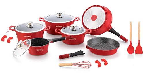 Royalty Line 17-teiliges Kochgeschirr-Set mit Marmor-Antihaftbeschichtung & abnehmbaren Griffen (Rot, 17-Teilig) von ROYALTY LINE