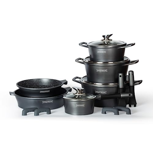 Royalty Line Topfset 14 Tlg. Silber - Töpfe Set geeignet für Induktion - Kochtopf Set & Pfannen mit Anti Haft Beschichtung - Pfannenset aus Alu mit Hitzeschutz Silikon Griffen - Topf set mit Deckel von ROYALTY LINE