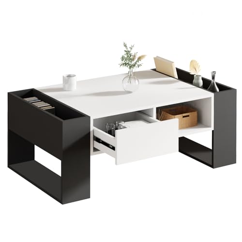 ROYGBIV Couchtisch, Wohnzimmertisch, Coffee Table mit schublade und offener Stauraum, Sofatisch weiß&Schwarz, Couchtisch Holz 106 x 60 x 40 Zentimeter (Länge x Tiefe x Höhe). von ROYGBIV