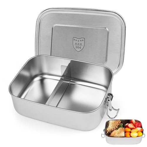 ROYUEXT Brotdose Edelstahl mit 2 Fächern, Brotdose mit verschiebbarem Teiler, 1800ml auslaufsichere Brotdose aus Metall für Erwachsene Kinder (1800ML) von ROYUEXT