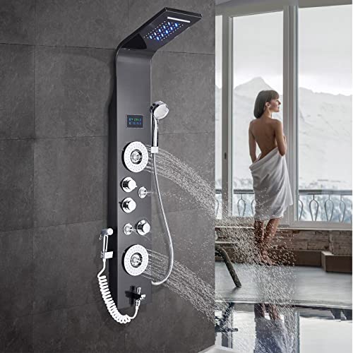 Rozin Duschpaneel Schwarz 6 Funktionen Regendusche Duschset, Duschsystem mit handbrause,Wasserfall Regenduschkopf und Wanneneinlauf von ROZIN